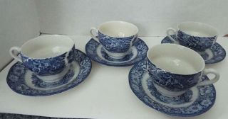 4 Staffordshire China Liberty Blue Cup & Saucer Old North Church Paul Revere Set