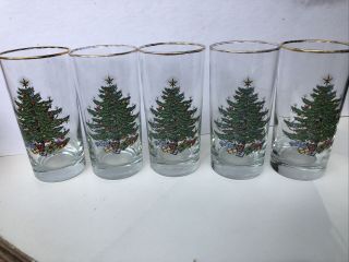 Set Of 5 Spode Christmas Tree 10 Oz Glassware Tumblera Barware Bar Cups Gold Rim