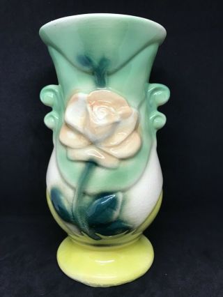 Vintage Mid Century - Brush Mccoy Pottery - A Pink Rose Handled Vase 8 " 856 Usa
