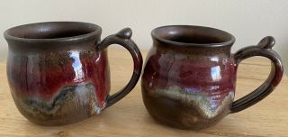 Coffee Mug Cup Studio Art Pottery Red Brown Purple Blue Drip Glaze Ceramic 14 Oz