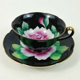 Rose Hand Painted Bone China Porcelain Coffee Tea Cup & Saucer Made In Japan Blk