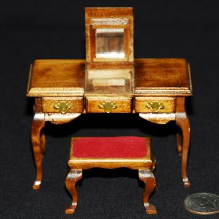 Dollhouse Miniature Wood Vanity With Mirror And Red Velvet Chair Cabriolet Legs