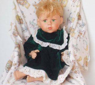 Porcelain Irish Doll Emerald Green Velvet Dress Blonde Hair Green Eyes