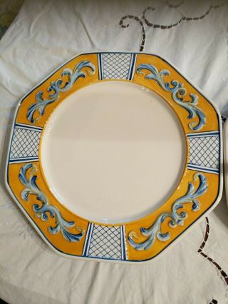2 Fitz & Floyd Ricamo Trattoria Dinner Plate 10.  5 Blue White Yellow Crosshatch A