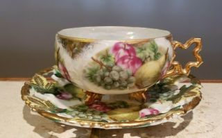 Vintage Royal Sealy Japan Tea Cup Saucer Footed - Gold Trimmed - Pears Apples Grapes