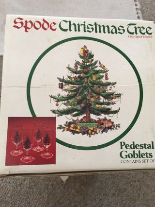 Set Of 4 Spode Christmas Tree Pedestal Goblets Glasses 16 Oz Gold Rim
