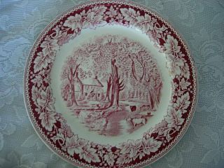 Collectible Vintage Currier & Ives Red/pink Scenic Leaf Rimmed Plate