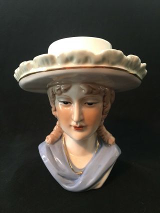 Vintage Lady Head Vase Planter Wide Rimmed Hat 7 " Blue White Gold Ringlets