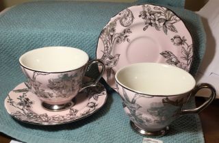 Htf 222 Fifth Adelaide Pink & Silver - Large Tea Cups & Saucers