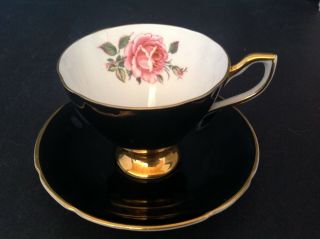 Taylor & Kent Bone China Cup & Saucer Black With Pink Cabbage Rose Gold Trim
