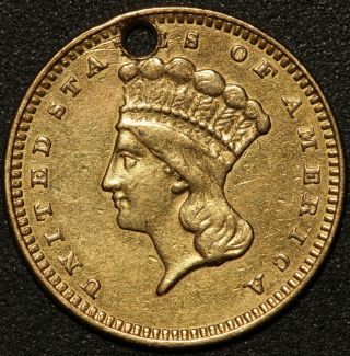 1861 U.  S.  Indian Princess Head $1 One Dollar Gold Coin - Holed