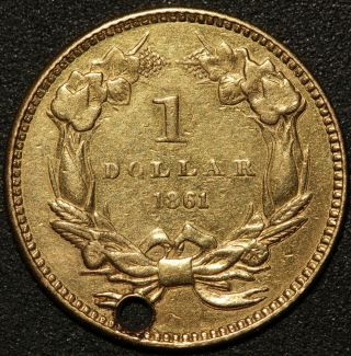 1861 U.  S.  Indian Princess Head $1 One Dollar Gold Coin - Holed 2