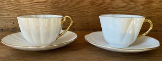 Pair Shelley Bone Chine Teacup Saucer Ivory Gilt White Dainty Scalloped Gold