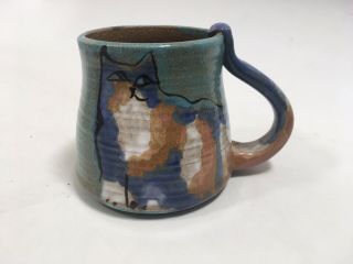 Studio Made Pottery Mug Cat Coffee Mug Cup Tail Handle Design Signed On Bottom