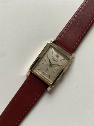 1951 Vintage Longines Tank Style Wristwatch In 14k Gold