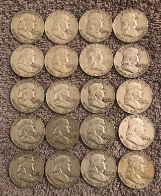 1958d - Franklin Half Dollar - Full Roll (20) $10 Face Value 90 Silver
