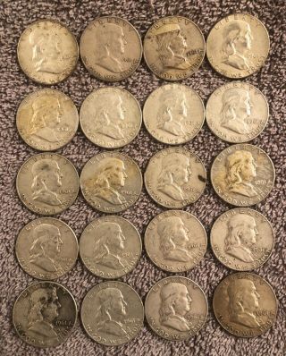 1961d - Franklin Half Dollar - Full Roll (20) $10 Face Value 90 Silver