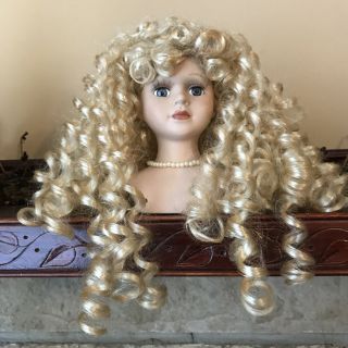 Vtg Porcelain 5” Doll Head Bust Parts Blonde Curls Blue Eyes Lashes Necklace