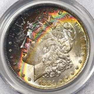 1884 O Pcgs Ms63 Rainbow Crescent Dark Toned Morgan Dollar - Both Sides Neon