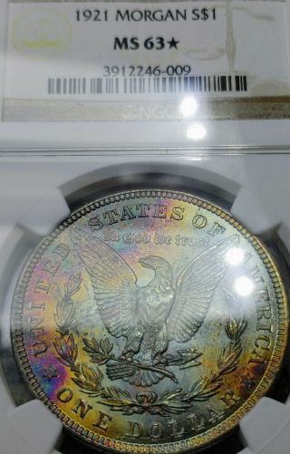 Monster Rainbow Toning,  1921 Morgan Silver Dollar Ngc Ms63 " Star " 99 - Cent Open