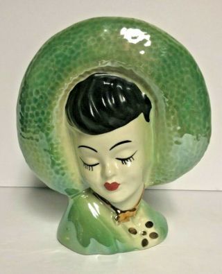 Vintage Asian Oriental Lady Head Vase/wall Pocket Green