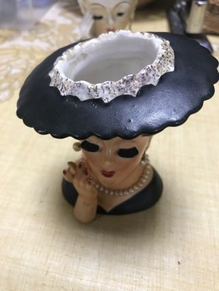 Vintage Napco Lady Head Vase 1958 Japan C3343a Black Hat And Faux Pearl Necklace