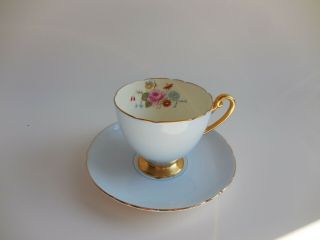 Shelley Blue Floral Teacup & Saucer Gold Handle & Trim