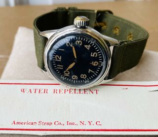 Wwii Elgin A - 11 539 Hacking Military Watch W/ Nos Od Green Strap - All