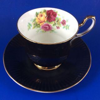Queen’s Rosina Roses Black Fine Bone China Footed Tea Cup And Saucer
