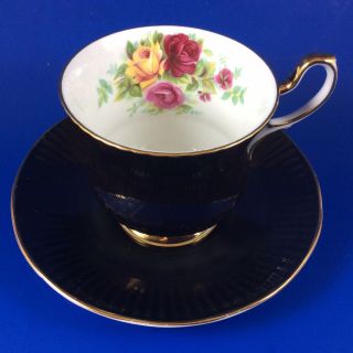 Queen’s Rosina Roses Black Fine Bone China Footed Tea Cup And Saucer 2
