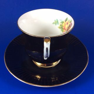 Queen’s Rosina Roses Black Fine Bone China Footed Tea Cup And Saucer 3