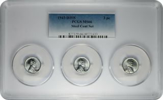 1943 D,  P,  S 1c Lincoln Steel Wheat Cent Pcgs Ms 66 Three Coin Set Tri - Holder