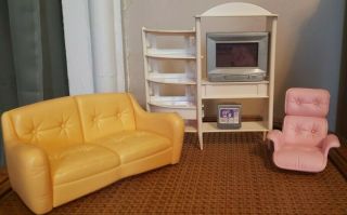 1998 Mattel Assorted Barbie Furniture - Tv,  Tv Stand,  Couch,  Computer,  And Chair