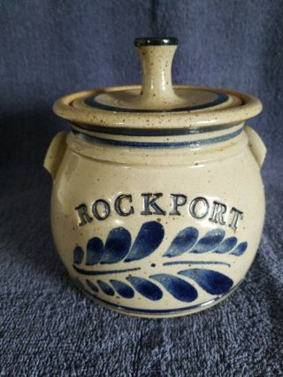 Blue Salt Glaze Stoneware Crock W/ Lid Handles;rockport ;5.  25 " T