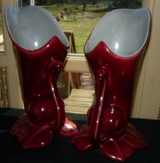 Set Of 2 Red Wing Vases Maroon & Muted Gray Inside No Damage