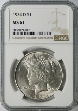 1934 - D Peace Dollar $1 Ngc Ms61