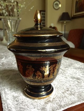 Fakiolas Porcelain Urn Jar W/lid 24k Gold Handmade In Greece 7 1/2 " Greco - Roman