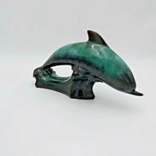 Large Blue Mountain Pottery Dolphin/porpoise - Green Black Glaze 12 " Long