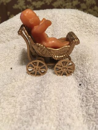 Vintage Miniature Dollhouse Furniture Metal Buggy And Vintage Baby