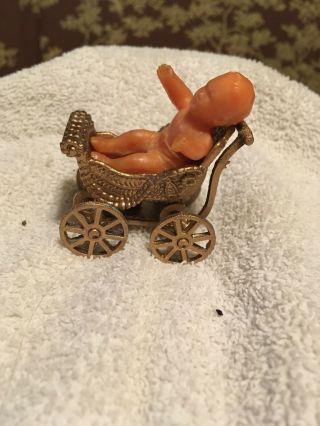 Vintage Miniature Dollhouse Furniture Metal Buggy And Vintage Baby 2