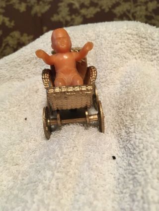 Vintage Miniature Dollhouse Furniture Metal Buggy And Vintage Baby 3