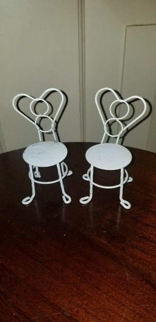 Pr Vintage Dollhouse Miniature Heart Shaped Ice Cream Parlor Metal White Chairs