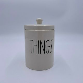 Rae Dunn " Things " Ceramic Canister Holder W/ Lid Ivory - White W/ Black Ll