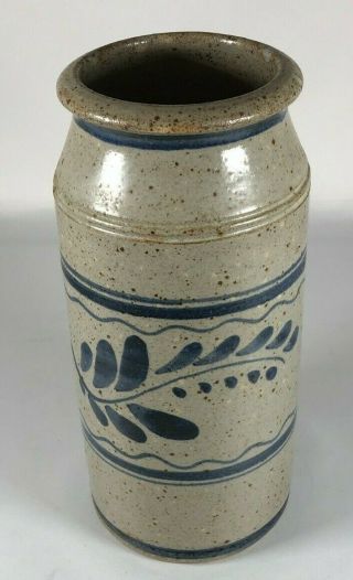 Stoneware Blue Gray Crock - Vase - Salt Glaze - Flower Design - 9 Inches Tall