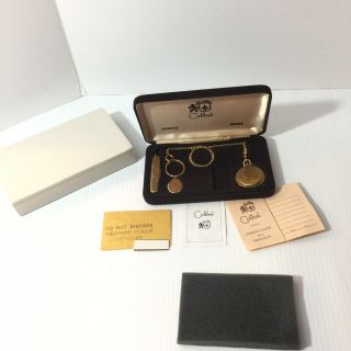 Vintage Colibri Quartz Gold Tone Pocket Watch Knife Key Chain Set W Box & Papers