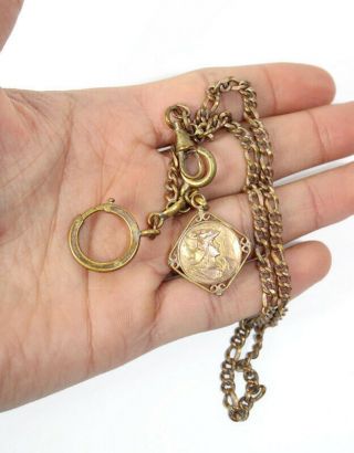 Antique Pocket Watch Chain With Medal Gilded Brass Old Unique French Collectible