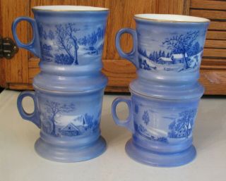 FOUR Currier and Ives Royal Soup Mugs Deep Coffee Mugs Homestead Winter Scene 3