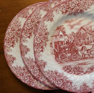 Set Of 3 Royal Stafford Red Pink And White " Coaching Scene " Dinner Plates