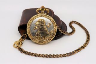 Vintage Hunting Dog And Duck Pocket Watch Majestron Two Tone & Leather Pouch