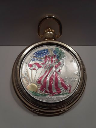 2000.  925oz Silver Eagle Painted Walking Liberty Pocket Watch Limited Edition